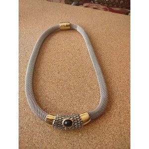 Costume jewelry mesh choker silver and gold tone magnetic clasp black onyx